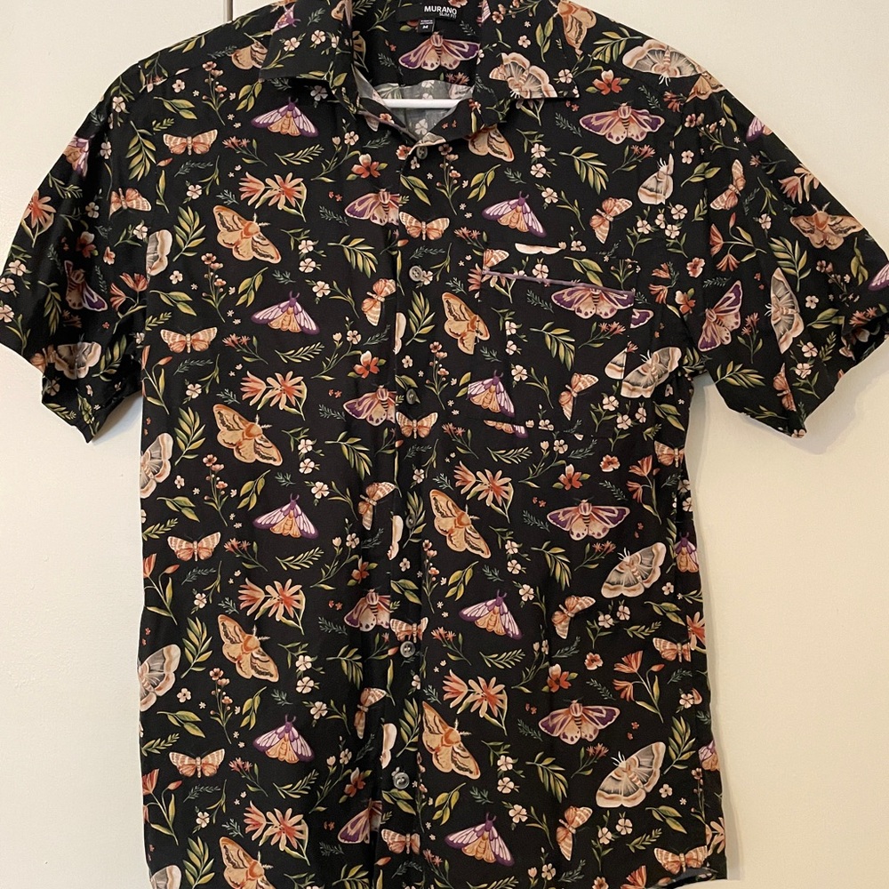 Murano Button Up Shirt with Moth and Botanical Print